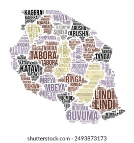 Tanzania Word Cloud. Country shape with region division. Tanzania typography style image. Region names tag clouds. Vector illustration.