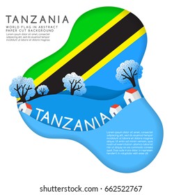 Tanzania : World Flag in paper cut shapes with trees and mountains in the layers : Vector Illustration