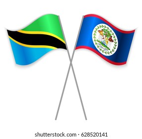 Tanzanian and Belizean crossed flags. Tanzania combined with Belize isolated on white. Language learning, international business or travel concept.