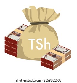 Tanzanian Shilling Vector Illustration. Tanzania money set bundle banknotes. Money bag 2000 TSH. Flat style. Isolated on white background. Simple minimal design.