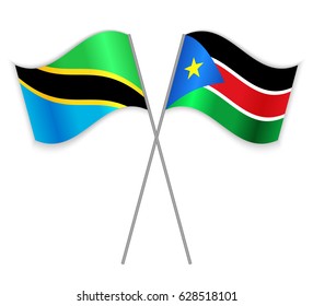 Tanzanian and South Sudanese crossed flags. Tanzania combined with South Sudan isolated on white. Language learning, international business or travel concept.