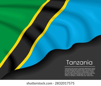 Tanzanian waving flag template with a dark background and text placeholder for national day or travel concept. Vector illustration.