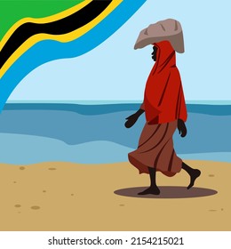 Tanzanian woman in national costume walks on the background of the flag of the country of tanzania