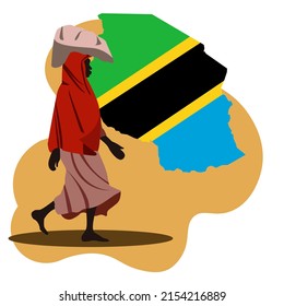 Tanzanian woman in national costume walks on the background of the map and fdag of the country of tanzania