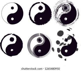 Tao set symbols black and white (yin yang). Grunge style. Vector illustration. 