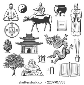 Taoism religion icons. Chinese Daoism religion or philosophy school vector symbols or signs set with Laozi riding on Ox, mediating monk and dragon, peach tree of life, temple and Lao Tzu monument svg