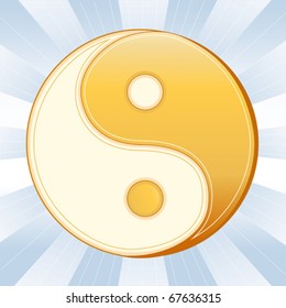 Taoism Symbol, Gold and white Yin Yang mandala of Tao faith, sky blue rays background. EPS8 compatible.