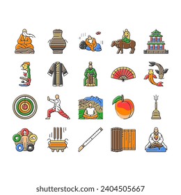 taoism yang yin ying chinese icons set vector. harmony philosophy, china religion, yinyang fish, ghost jang, book carp taoism yang yin ying chinese color line illustrations