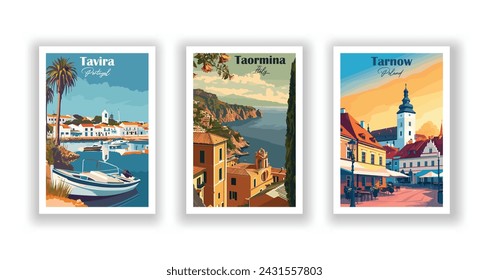 Taormina, Italy. Tarnow, Poland. Tavira, Portugal - Set of 3 Vintage Travel Posters. Vector illustration. High Quality Prints