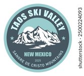 Taos Ski Valley, New Mexico, Sangre de Cristo ski resort stamp, emblem with snow covered mountains, vector