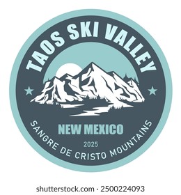 Taos Ski Valley, New Mexico, Sangre de Cristo ski resort stamp, emblem with snow covered mountains, vector