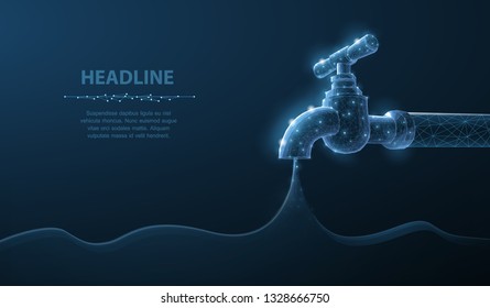 Tap. Abstract 3d polygonal wireframe old vintage water tap isolated on blue. Bathroom, environment save, ecology symbol. Faucet equipment, clean liquid concept modern vector illustration or background