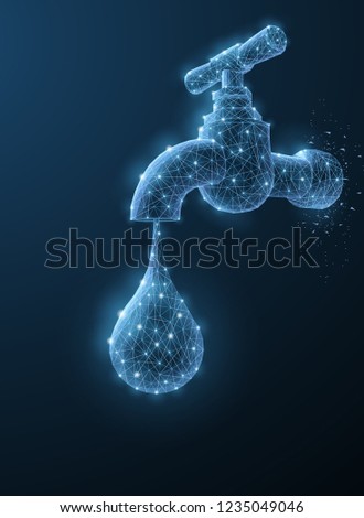 Tap. Abstract 3d polygonal wireframe old vintage water tap isolated on blue. Bathroom, environment save, ecology symbol. Faucet equipment, clean liquid concept modern vector illustration or background