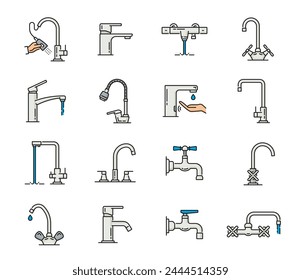 Tap bathroom and kitchen faucet icons of bath water sink, vector outline symbols. Kitchen or bathroom tap faucet types with water drops, hands and valves and mist pipe in line pictograms