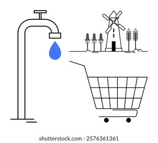 Tap with blue water droplet, a shopping cart, and a windmill with crops. Ideal for sustainability, agriculture, water conservation, eco-friendly living, shopping. Minimalist, line art style