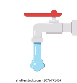 Tap cartoon vector. Tap with running water jet. Flow and stream of blue liquid.