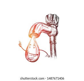Tap drop, save water save life, Hand Drawn Sketch Vector illustration.
