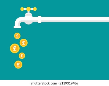 Klopfen oder Wasserhahn mit Pfund Sterling-Münzen. Geldmittel, passives Einkommenskonzept. Finanzfluss, einfache Erträge, Investitionen. Vektorgrafik auf blauem Hintergrund. 