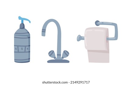 Tap Faucet, Toilet Paper Roll and Soap in Bottle as Bathroom or Washroom Item Vector Set