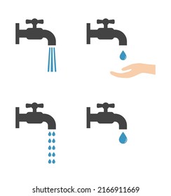 Tap Faucet With Water Drop And Hand Icon Set