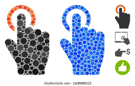 Tap gesture composition of small circles in various sizes and color tints, based on tap gesture icon. Vector small circles are composed into blue mosaic.