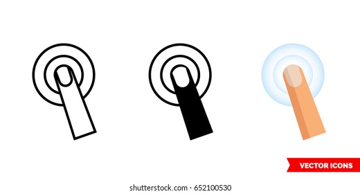 Tap gesture icon of 3 types: color, black and white, outline. Isolated vector sign symbol.
