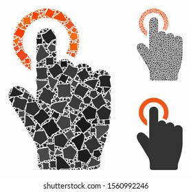Tap gesture mosaic of tuberous elements in variable sizes and shades, based on tap gesture icon. Vector tuberous dots are composed into mosaic. Tap gesture icons collage with dotted pattern.