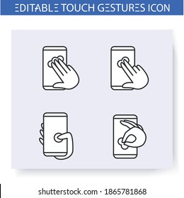 Tap hand gestures line icons set. Single and double touch, pinch, thumb touch. Multitouch gestures for smartphone use.Touchscreen,user interface concept.Isolated vector illustrations.Editable stroke 