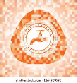 tap icon inside abstract emblem, orange mosaic background