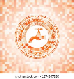 tap icon inside abstract emblem, orange mosaic background