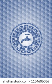tap icon inside blue badge with geometric background.
