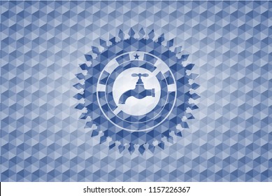 tap icon inside blue badge with geometric pattern.