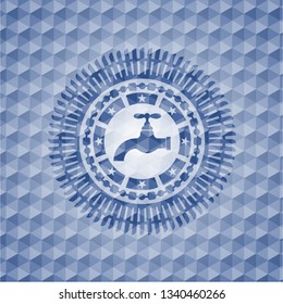 tap icon inside blue badge with geometric pattern background.