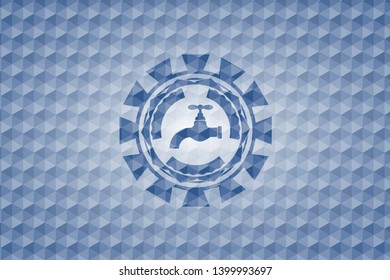 tap icon inside blue badge with geometric background.