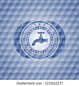 tap icon inside blue emblem with geometric background.
