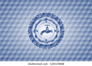 tap icon inside blue emblem or badge with abstract geometric polygonal pattern background.