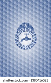 tap icon inside blue emblem or badge with geometric pattern background.