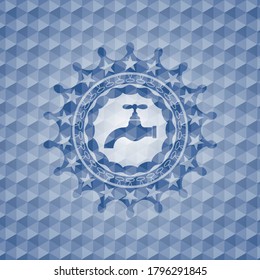 tap icon inside blue emblem or badge with geometric pattern background. 