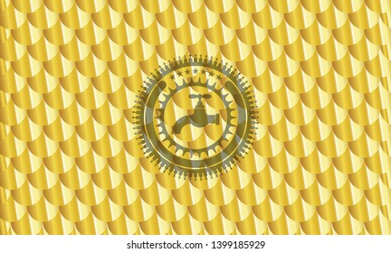tap icon inside gold emblem or badge. Scales pattern. Vector Illustration. Detailed.
