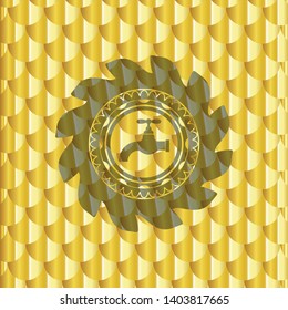 tap icon inside gold emblem or badge. Scales pattern. Vector Illustration. Detailed.