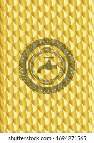 icono de golpecito dentro del emblema de oro o placa. Patrón de escalas. Ilustración vectorial. Detallado.