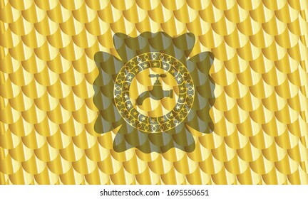 Tippen Sie auf das Symbol im goldenen Emblem. Skaliert Muster. Vektorillustration Illustration. Detaillierte Angaben.