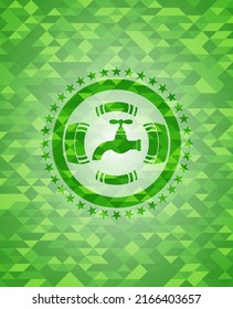 tap icon inside green emblem with mosaic ecological style background. 