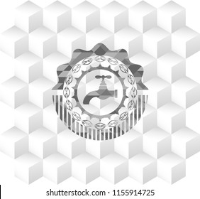 tap icon inside grey emblem. Vintage with geometric cube white background