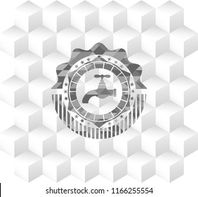 tap icon inside grey emblem with cube white background