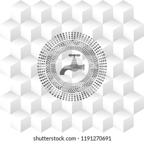 tap icon inside grey emblem. Vintage with geometric cube white background