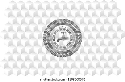tap icon inside grey emblem with cube white background