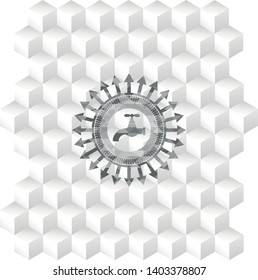 tap icon inside grey emblem. Retro with geometric cube white background