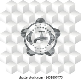 tap icon inside grey emblem. Retro with geometric cube white background