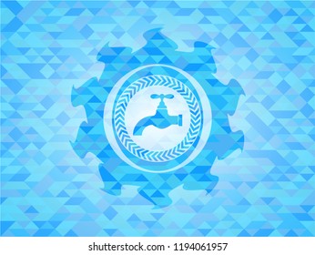 tap icon inside light blue emblem with mosaic ecological style background